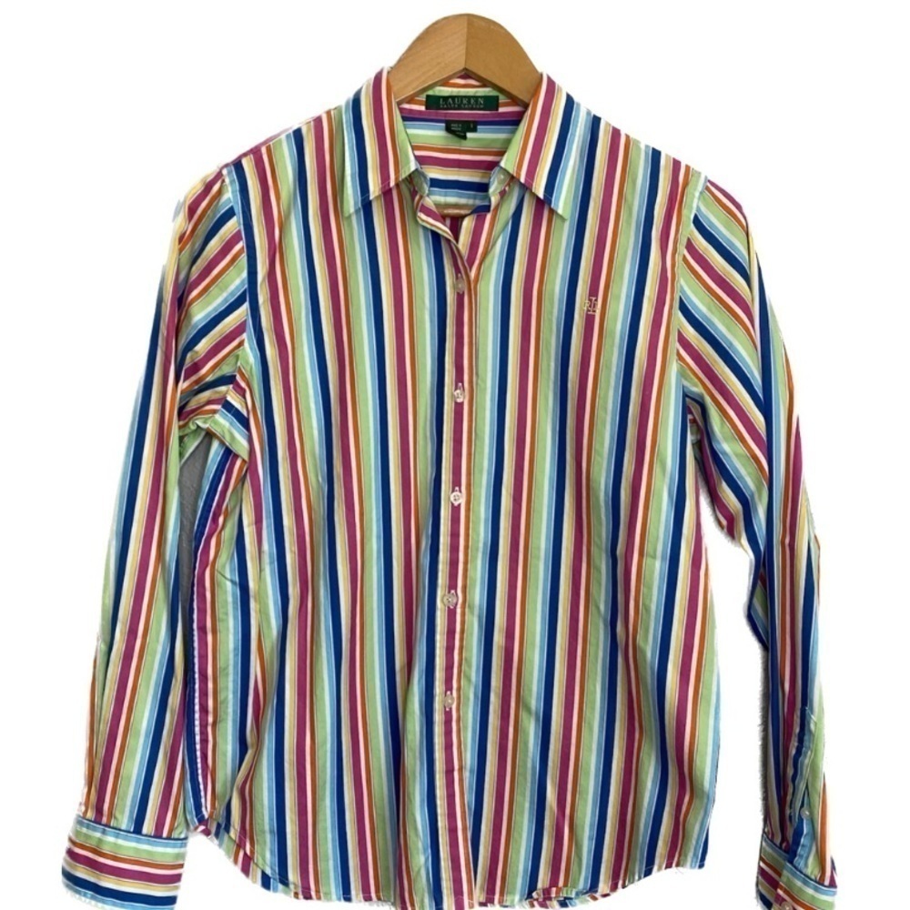 Lauren Ralph Lauren Multicolor Rainbow Striped Button Down Shirt Blouse Sz Sm
